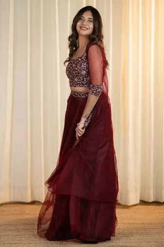 MAROON EMBROIDERED TOP WITH SKIRT AND SHRUG
