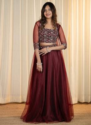 MAROON EMBROIDERED TOP WITH SKIRT AND SHRUG 4