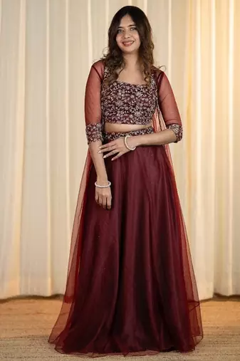 MAROON EMBROIDERED TOP WITH SKIRT AND SHRUG