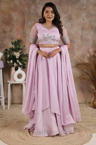 LILAC HANDEMBROIDERED BLOUSE WITH LEHENGA AND DUPATTA