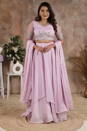 LILAC HANDEMBROIDERED BLOUSE WITH LEHENGA AND DUPATTA