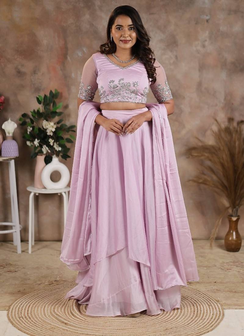 LILAC HANDEMBROIDERED BLOUSE WITH LEHENGA AND DUPATTA