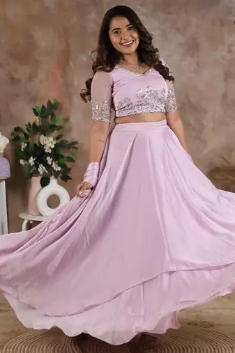 LILAC HANDEMBROIDERED BLOUSE WITH LEHENGA AND DUPATTA