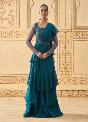 TEAL BLUE LAYERED LEHENGA WITH BEAD WORK BLOUSE AND BELT 1