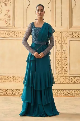 TEAL BLUE LAYERED LEHENGA WITH BEAD WORK BLOUSE AND BELT