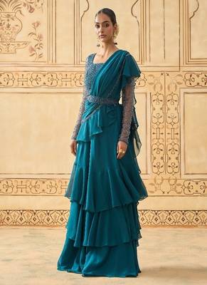 TEAL BLUE LAYERED LEHENGA WITH BEAD WORK BLOUSE AND BELT 2
