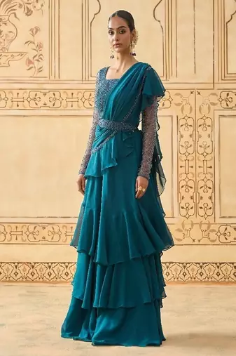 TEAL BLUE LAYERED LEHENGA WITH BEAD WORK BLOUSE AND BELT