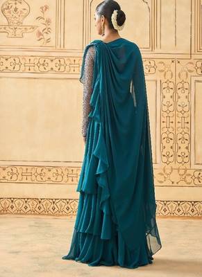 TEAL BLUE LAYERED LEHENGA WITH BEAD WORK BLOUSE AND BELT 3