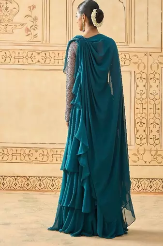 TEAL BLUE LAYERED LEHENGA WITH BEAD WORK BLOUSE AND BELT