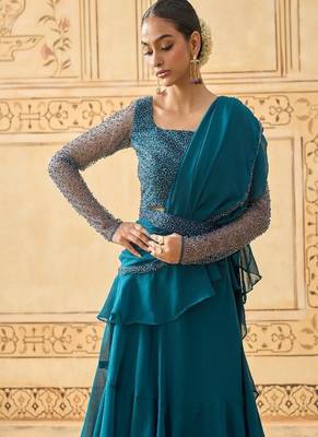 TEAL BLUE LAYERED LEHENGA WITH BEAD WORK BLOUSE AND BELT 4