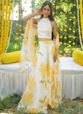 YELLOW FLORAL ORGANZA SKIRT WITH WHITE TOP AND FLORAL DUPATTA 1