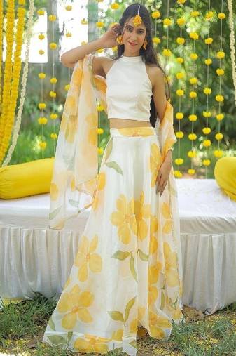 YELLOW FLORAL ORGANZA SKIRT WITH WHITE TOP AND FLORAL DUPATTA