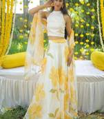 YELLOW FLORAL ORGANZA SKIRT WITH WHITE TOP AND FLORAL DUPATTA