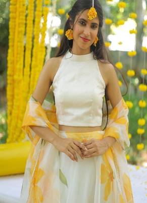 YELLOW FLORAL ORGANZA SKIRT WITH WHITE TOP AND FLORAL DUPATTA 2