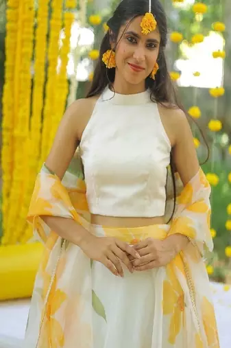 YELLOW FLORAL ORGANZA SKIRT WITH WHITE TOP AND FLORAL DUPATTA
