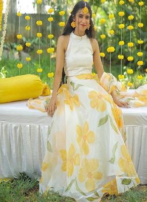YELLOW FLORAL ORGANZA SKIRT WITH WHITE TOP AND FLORAL DUPATTA 3