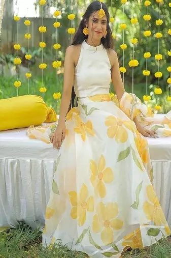 YELLOW FLORAL ORGANZA SKIRT WITH WHITE TOP AND FLORAL DUPATTA