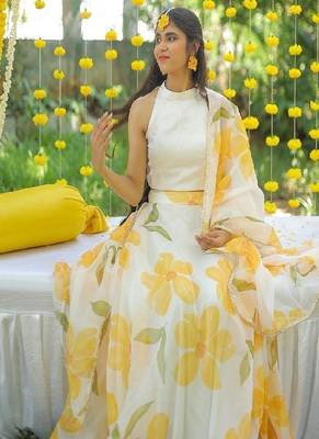 YELLOW FLORAL ORGANZA SKIRT WITH WHITE TOP AND FLORAL DUPATTA 4