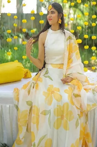 YELLOW FLORAL ORGANZA SKIRT WITH WHITE TOP AND FLORAL DUPATTA