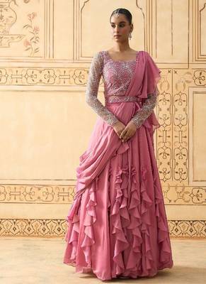 ONION PINK DRAPED RUFFLE LEHENGA WITH PEARL WORK BLOUSE 1