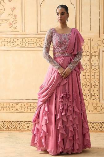 ONION PINK DRAPED RUFFLE LEHENGA WITH PEARL WORK BLOUSE