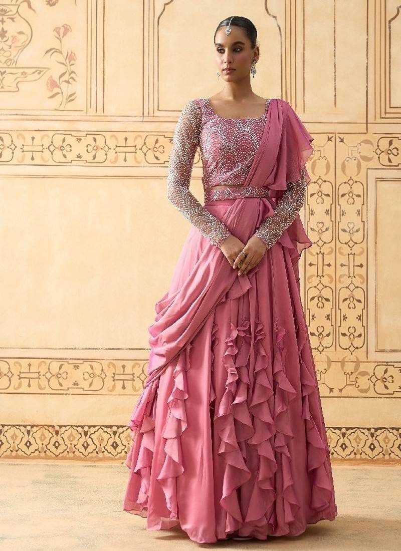 ONION PINK DRAPED RUFFLE LEHENGA WITH PEARL WORK BLOUSE