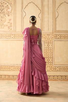 ONION PINK DRAPED RUFFLE LEHENGA WITH PEARL WORK BLOUSE 2
