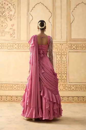 ONION PINK DRAPED RUFFLE LEHENGA WITH PEARL WORK BLOUSE
