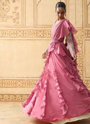 ONION PINK DRAPED RUFFLE LEHENGA WITH PEARL WORK BLOUSE 3