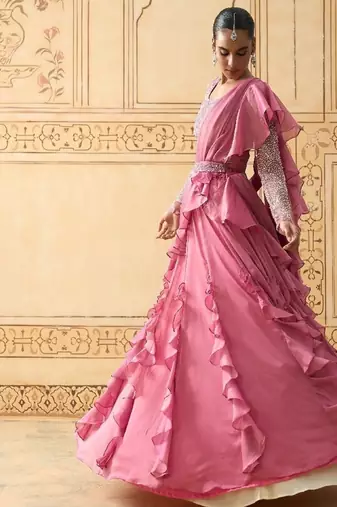 ONION PINK DRAPED RUFFLE LEHENGA WITH PEARL WORK BLOUSE