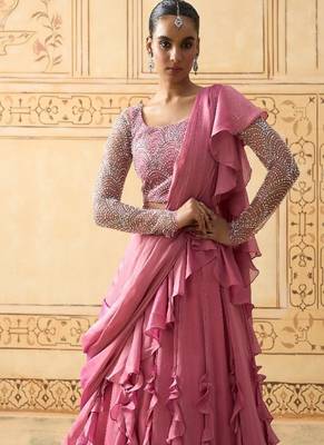 ONION PINK DRAPED RUFFLE LEHENGA WITH PEARL WORK BLOUSE 4