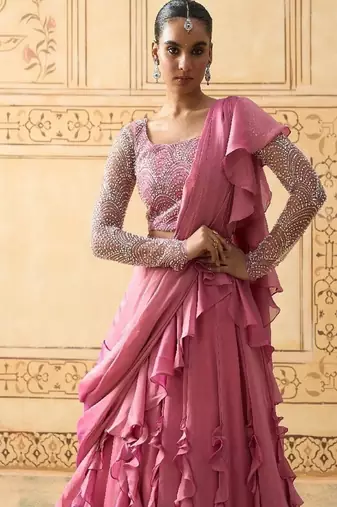 ONION PINK DRAPED RUFFLE LEHENGA WITH PEARL WORK BLOUSE