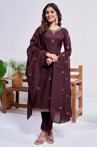 Women's coffee rayon embroidered designer kurta set with dupatta