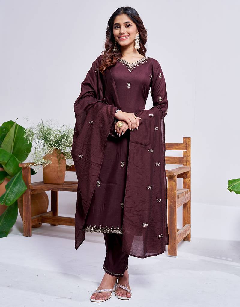 Women's coffee rayon embroidered designer kurta set with dupatta
