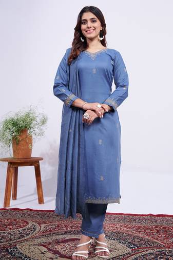 blue embroidered rayon kurta set with dupatta