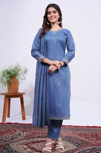 Women's denim blue rayon embroidered designer kurta set with dupatta