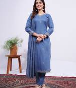 blue embroidered rayon kurta set with dupatta