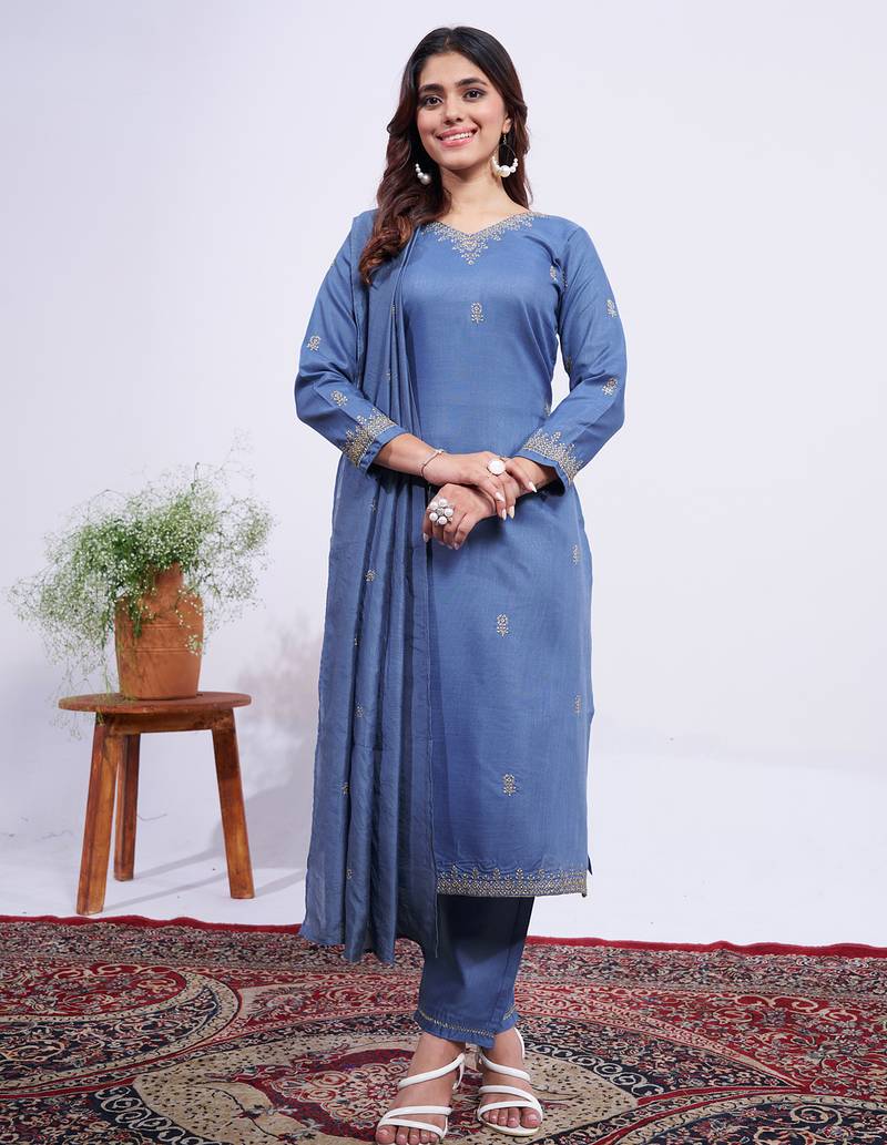 blue embroidered rayon kurta set with dupatta