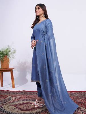 blue embroidered rayon kurta set with dupatta 2