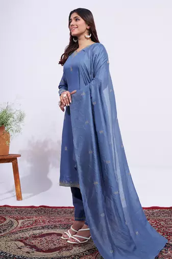 blue embroidered rayon kurta set with dupatta