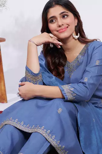 blue embroidered rayon kurta set with dupatta