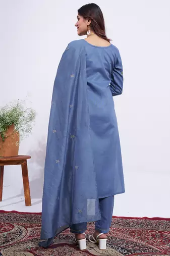 blue embroidered rayon kurta set with dupatta