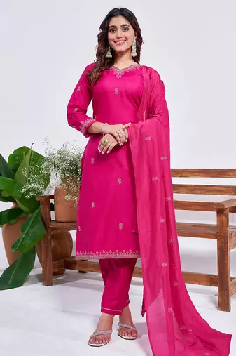 Women's pink rayon embroidered designer kurta set with dupatta