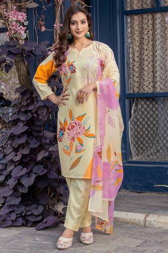 Women's cream cotton blend printed designer kurta set with dupatta