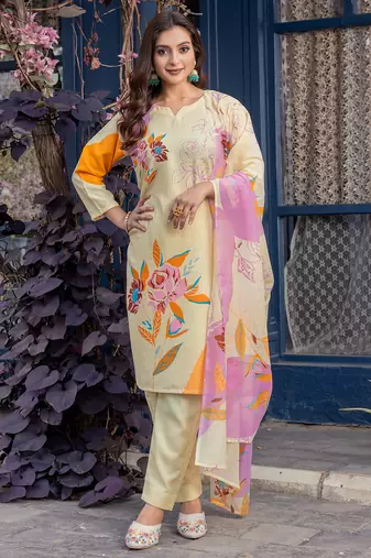 Women's cream cotton blend printed designer kurta set with dupatta