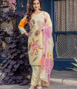 cream printed cotton kurta set with pants