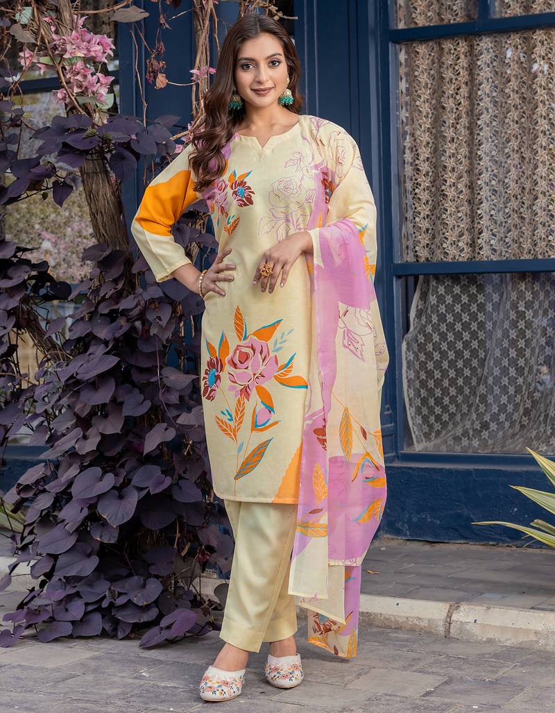 cream printed cotton kurta set with pants