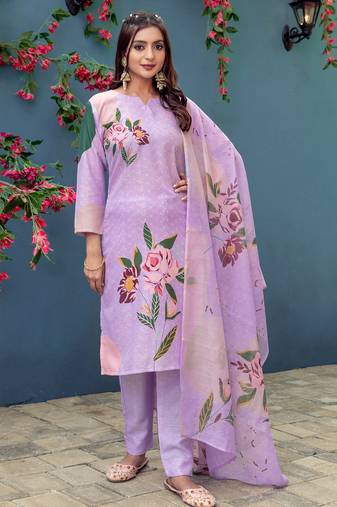 Women's lavender cotton blend printed designer kurta set with dupatta