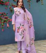 lavender cotton blend kurta set with pant & dupatta