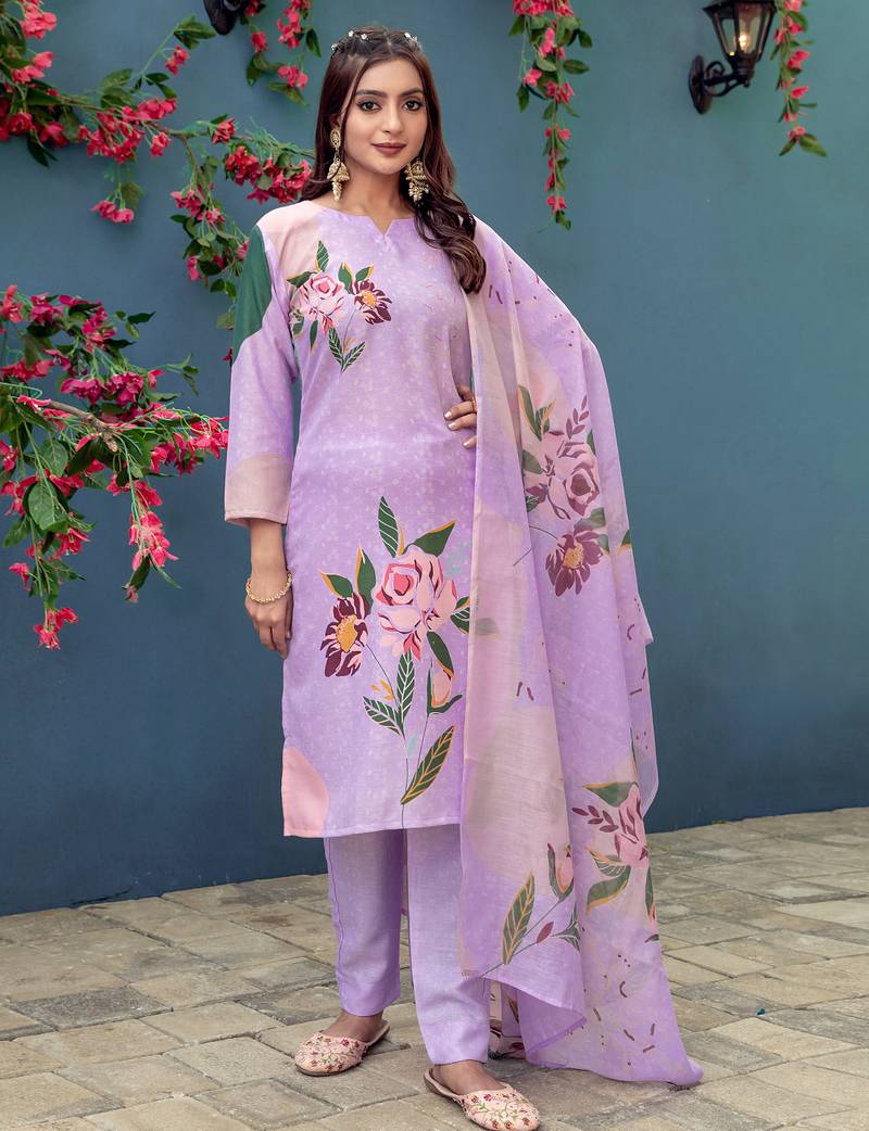Women's lavender cotton blend printed designer kurta set with dupatta